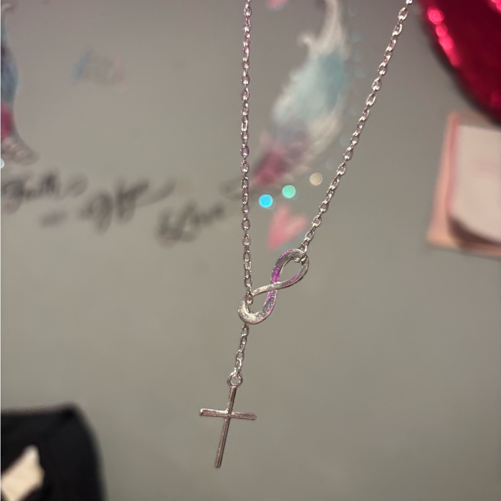 Silver Tone Infinity And Cross Lariat Necklace  Silver Tone
